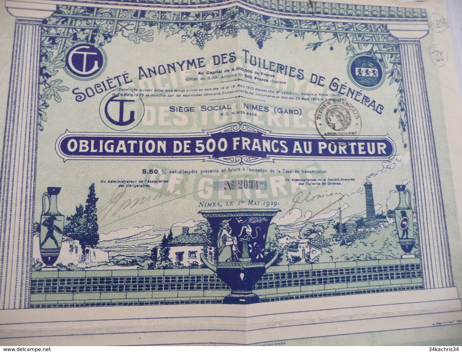 Action 500 Francs Au Porteur Société Anonyme Des Tuileries De Générac Nîmes Gard - Industrie