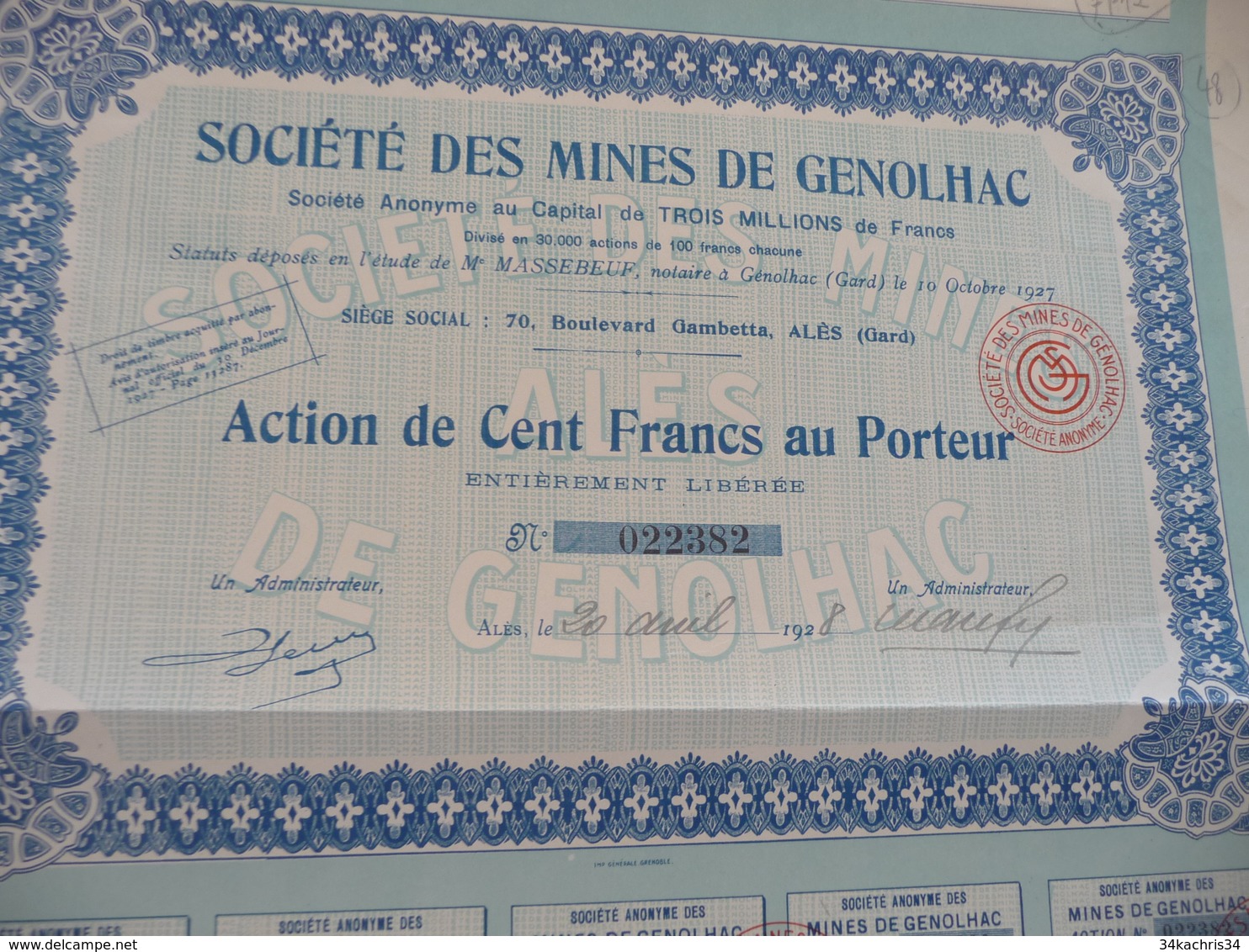 Action 100 Francs Au Porteur Société Des Mines De Genolhac  Gard - Mines