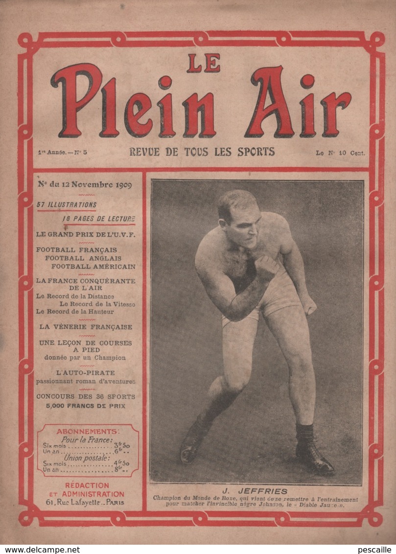 LE PLEIN AIR 12 11 1909 - BOXE J. JEFFRIES - AVIATION - CHASSE - FOOTBALL RUGBY R.C.F FOOT AMERICAIN - CYCLISME - SPRINT - 1900 - 1949
