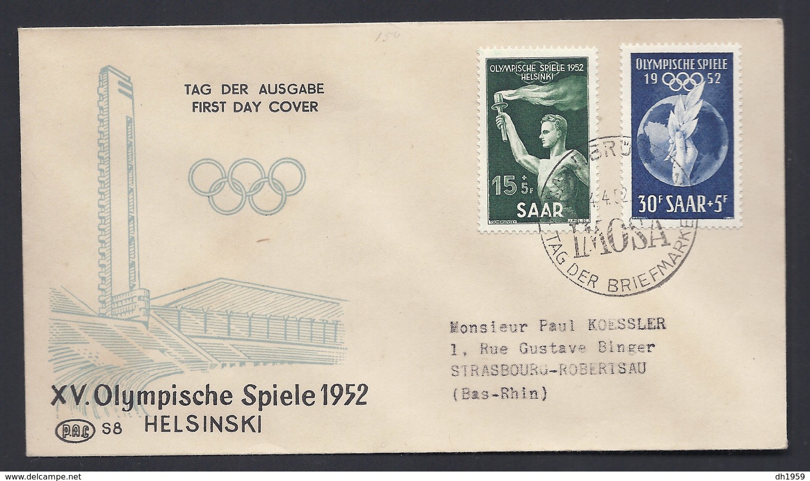 HELSINKI SARRE SAAR SAARLAND SAARBRÜCKEN 1952  OLYMPIC OLYMPIA JO J.O. IMOSA TAG BRIEFMARKE FDC MI 314 315 - Verano 1952: Helsinki