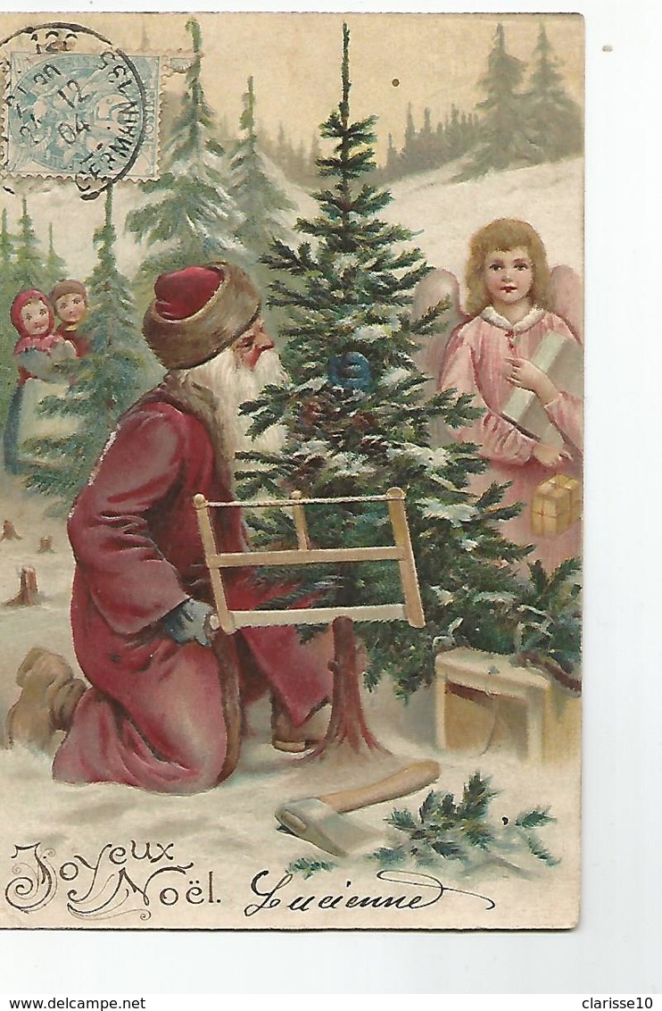 Noel Jolie Carte Gauffrée Pere Noel Coupant Le Sapin  Ange - Autres & Non Classés