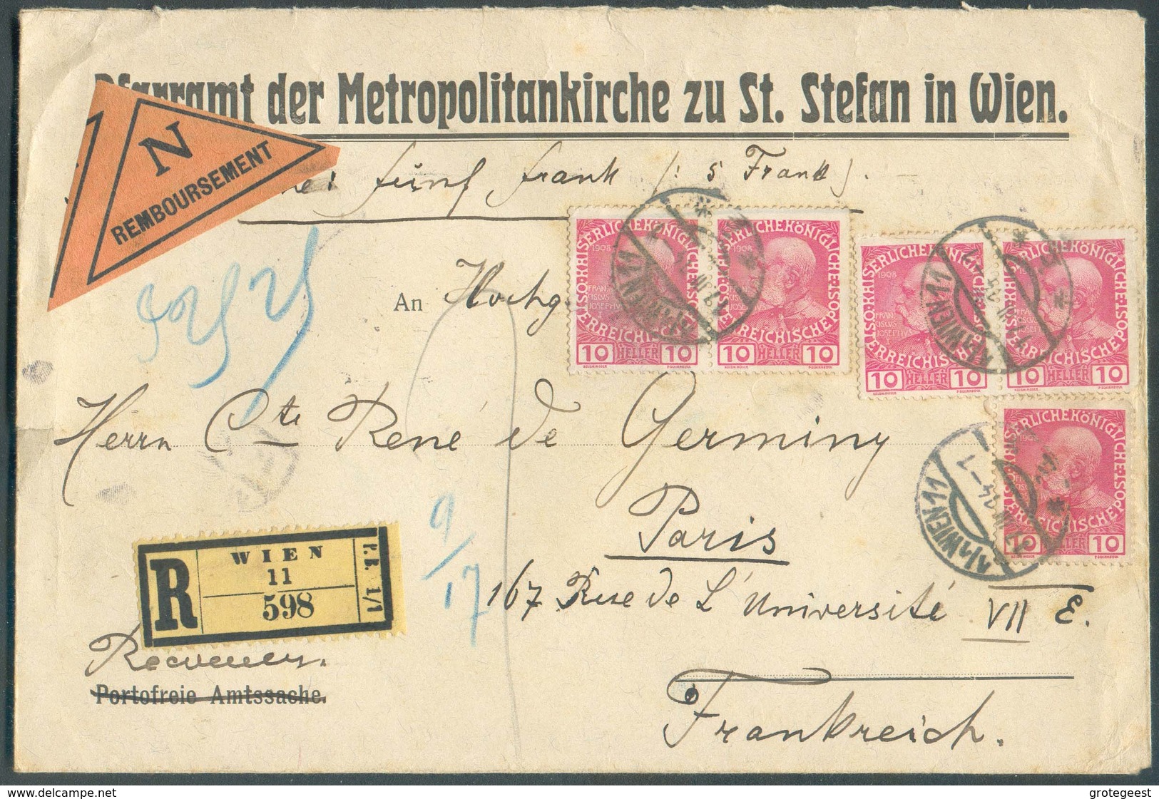 10H. François-Joseph (x5) Obl. Dc WIEN 11 Sur Lettre Recommandée + Etiquette REMBOURSEMENT Du 27-III-1914 Vers Paris - 1 - Briefe U. Dokumente