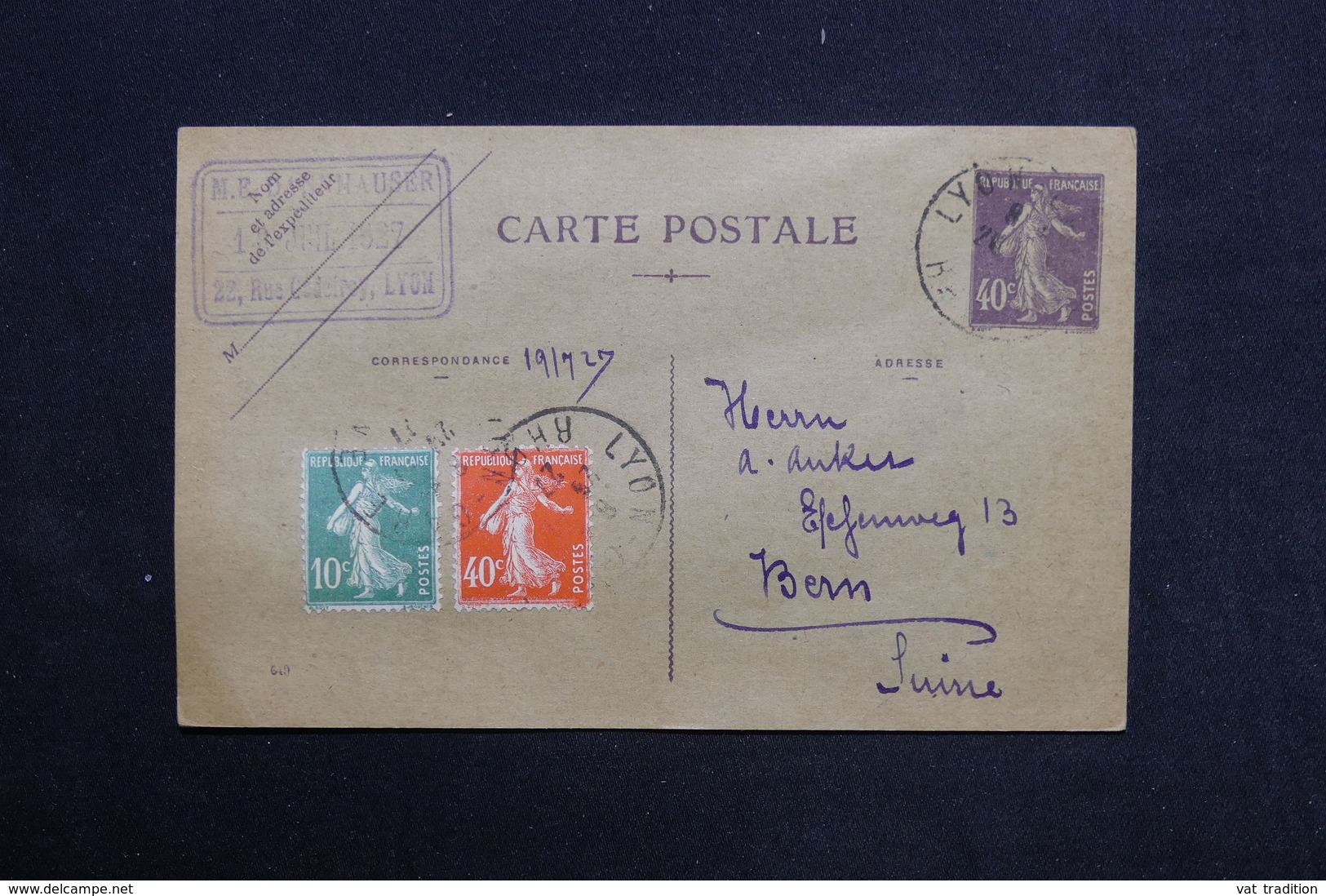 FRANCE - Entier Postal  + Complément De Lyon Pour La Suisse En 1927 - L 28810 - Cartes Postales Types Et TSC (avant 1995)