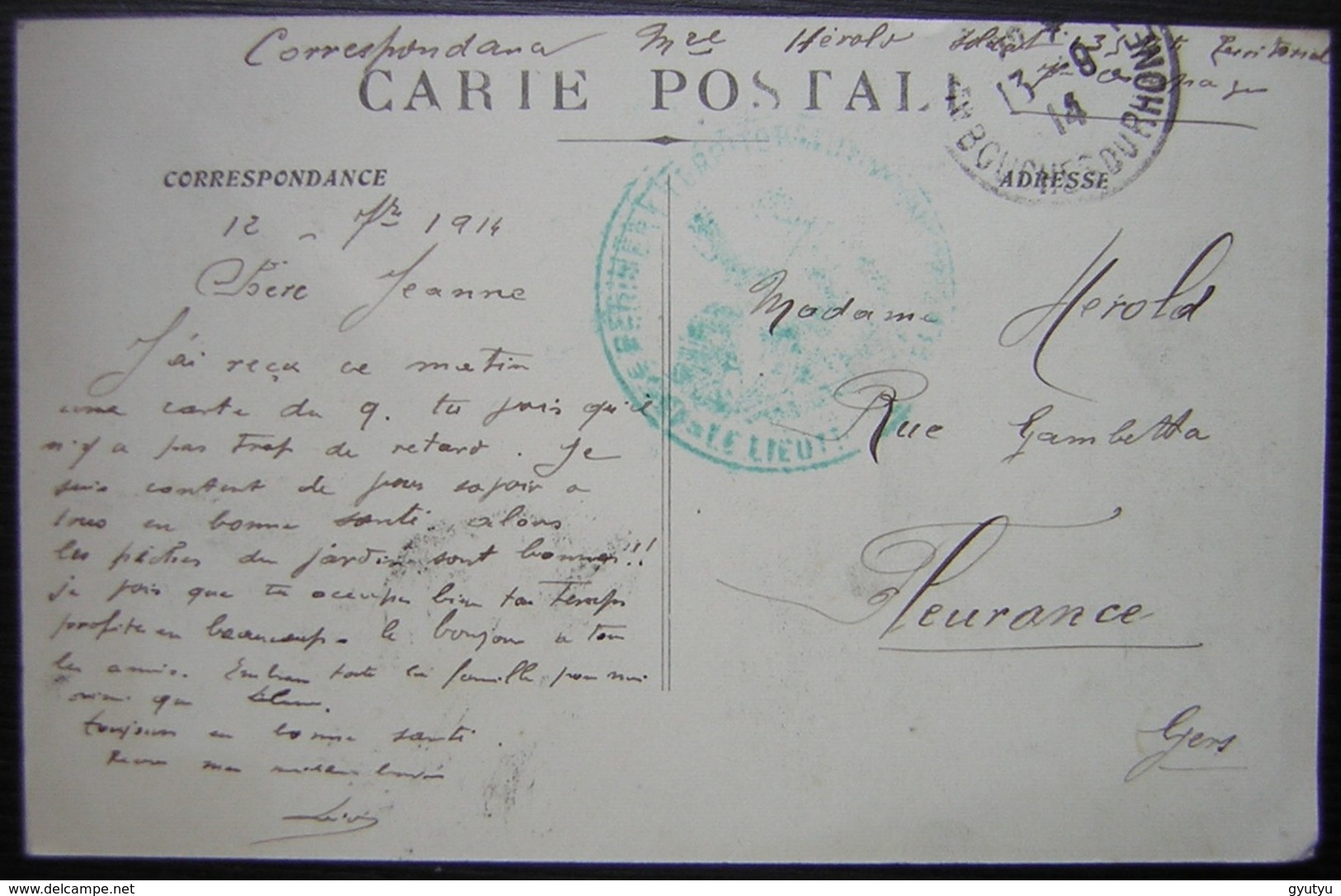 1914 Cachet Bleu Lieutenant Régiment Territorial Sur Une Carte D'Aix En Provence Pour Fleurance (Gers) - Cachets Militaires A Partir De 1900 (hors Guerres)