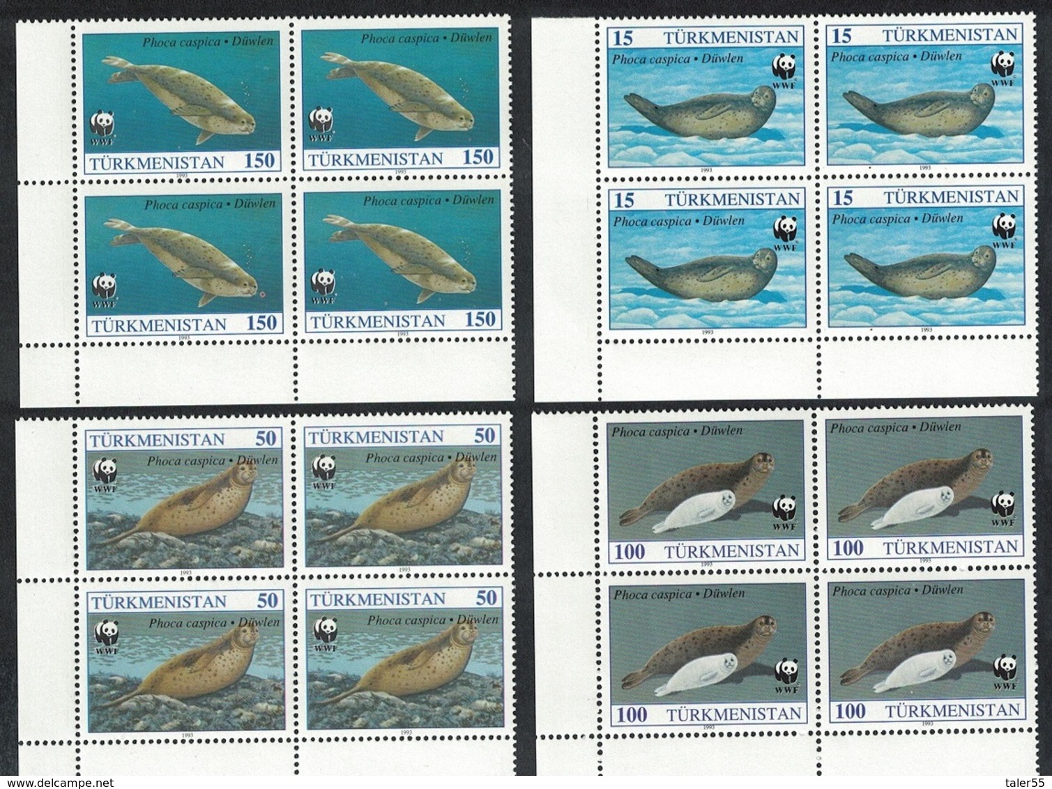 Turkmenistan WWF Caspian Seal 4v Bottom Left Corner Blocks Of 4 MNH SG#32-35 SC#35-38 MI#30+ 32-34 - Turkmenistan