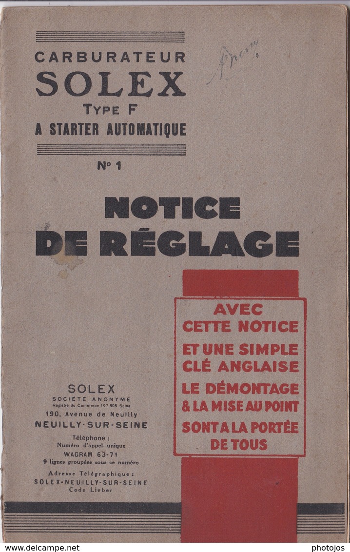 Brochure  Carburateurs Solex Type F Notice De Réglage 1931  SA Solex Neuilly Sur Seine (92) Liste Stations Services - Auto