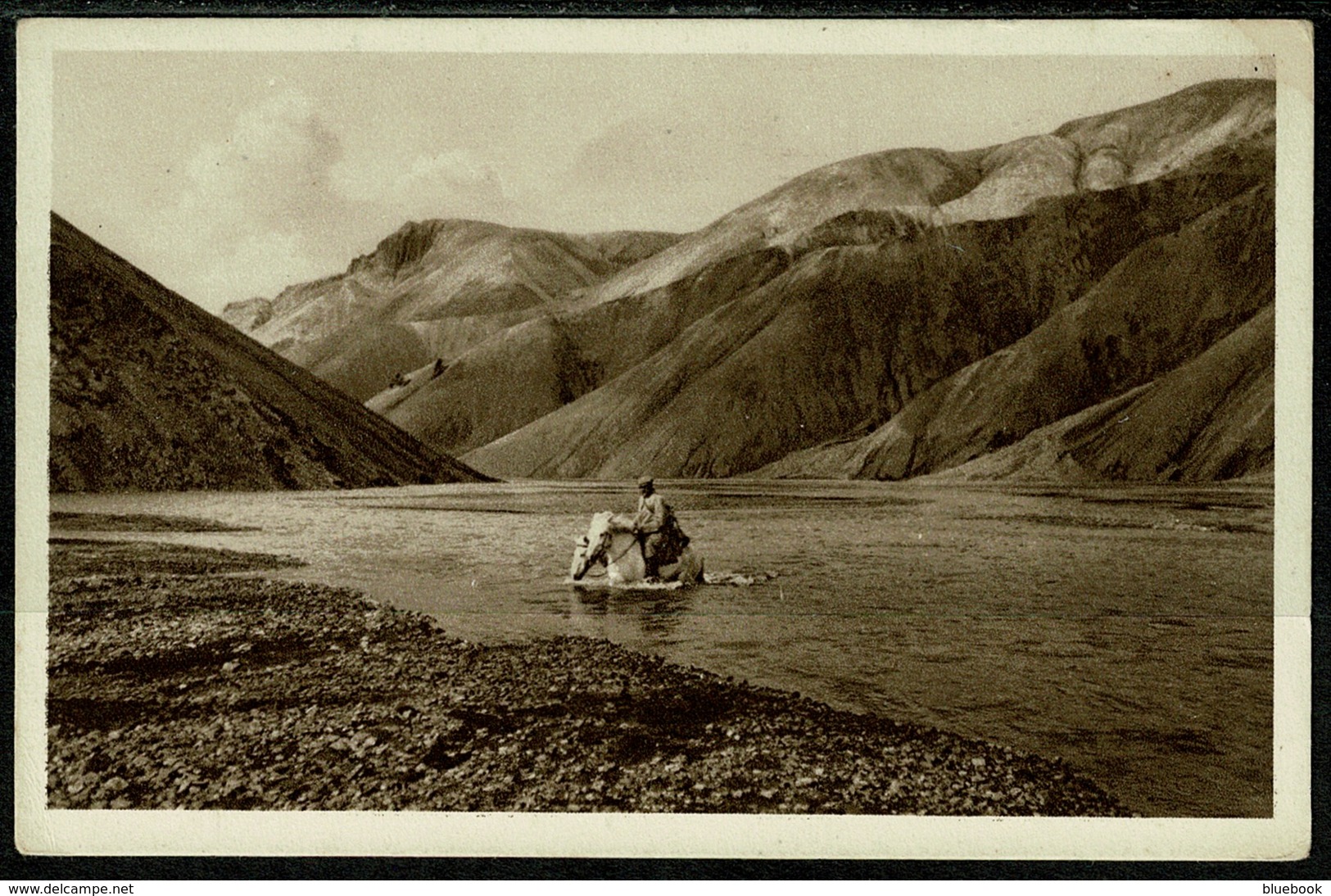 Ref 1289 - Early Ethnic Postcard - Jokulgil I Tortajokli Iceland - Man On Horseback Crossing River - Iceland