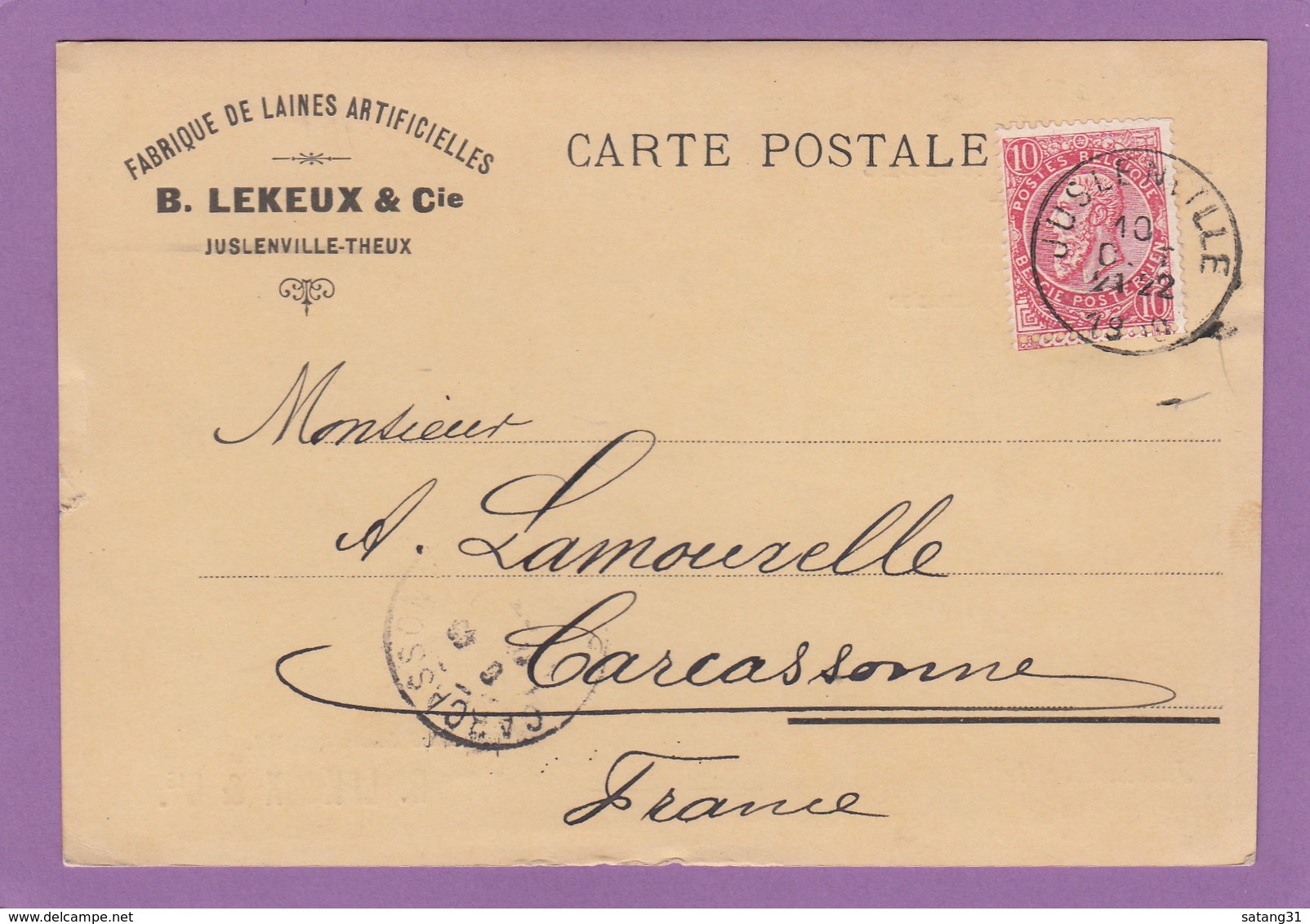 FABRIQUE DE LAINES ARTIFICIELLES,JUSLENVILLE-THEUX.CARTE POSTALE POUR CARCASSONNE. - 1893-1900 Schmaler Bart