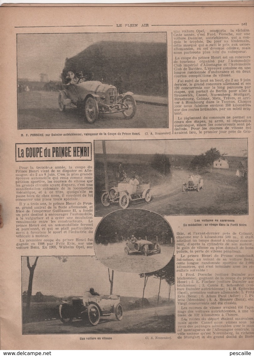 LE PLEIN AIR 24 06 1910 - BOXE JIM JEFFRIES - TENNIS - AUTOMOBILE COUPE PRINCE HENRI - CYCLISME - AVIATION - ATHLETISME - 1900 - 1949