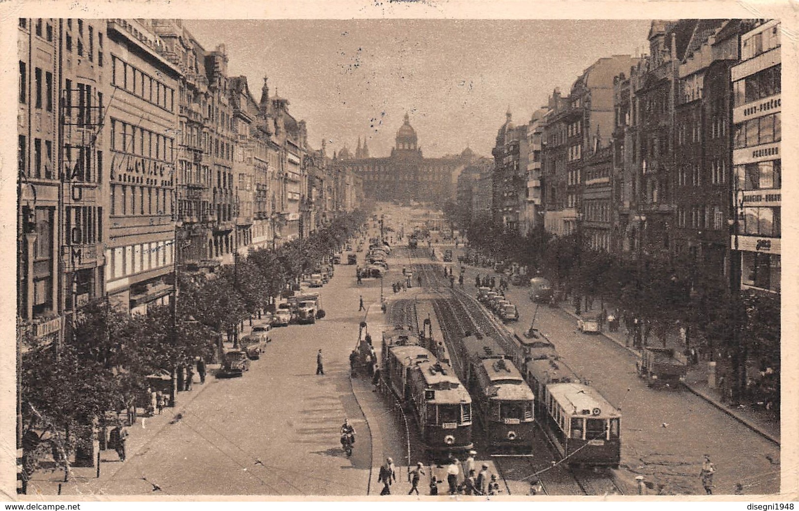 M08060 "PRAHA-VOCLAVSKE' NAMESTI "ANIMATA-TRAMWAY-AUTO,MOTO,AUTOCARRI,BUS ANNI '40/50   CART. POST.ORIG. SPED.1951 - Repubblica Ceca