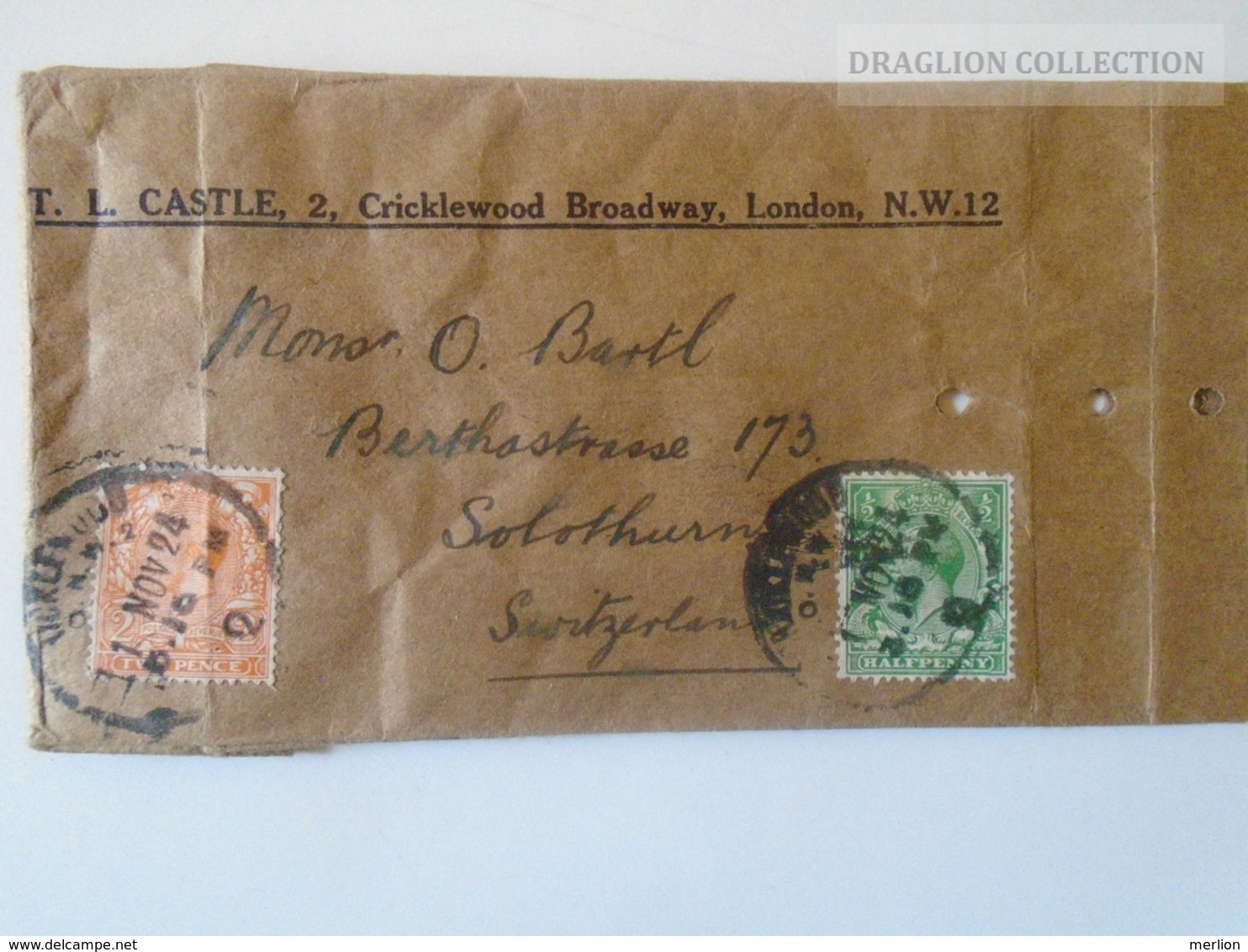 DEL005.39 GREAT BRITAIN -   Preprinted Shipping Bag 1924  Cancel Cricklewood Broadway London  To Solothurn  Switzerland - Unclassified