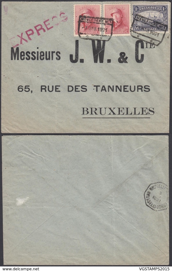 Belgique - COB 145+168x2 Sur Lettre Express Meulebeke 1921 Vers Bruxelles (DD) DC3015 - 1919-1920 Roi Casqué