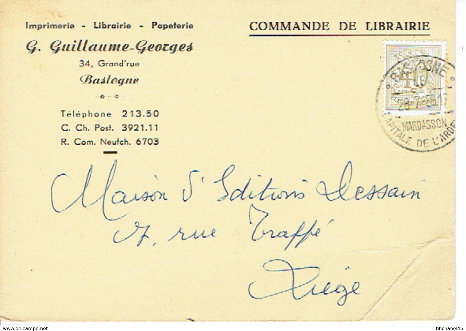 CP Publicitaire BASTOGNE 1959 - G. GUILLAUME-GEORGES - Imprimerie-Librairie-Papeterie - Bastogne