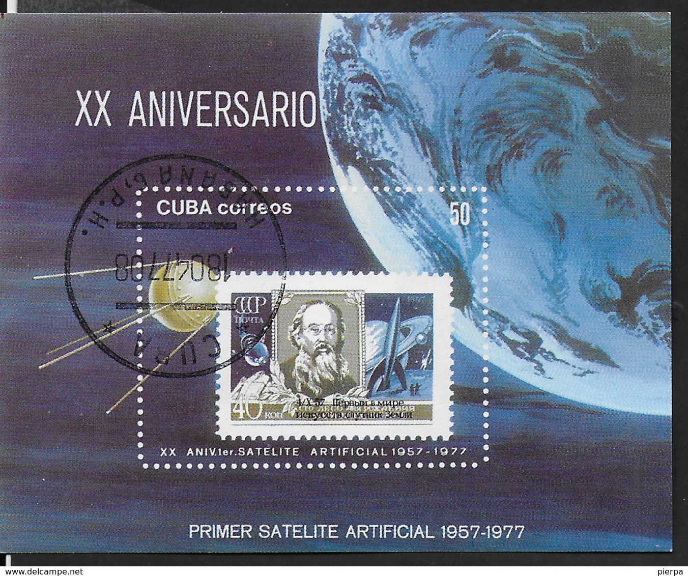 CUBA -  XX ANNIVERSARIO SATELLITE ARTIFICIALE 1977 - FOGLIETTO USATO (YVERT BF 49 - MICHEL  BL 50) - Amérique Du Nord