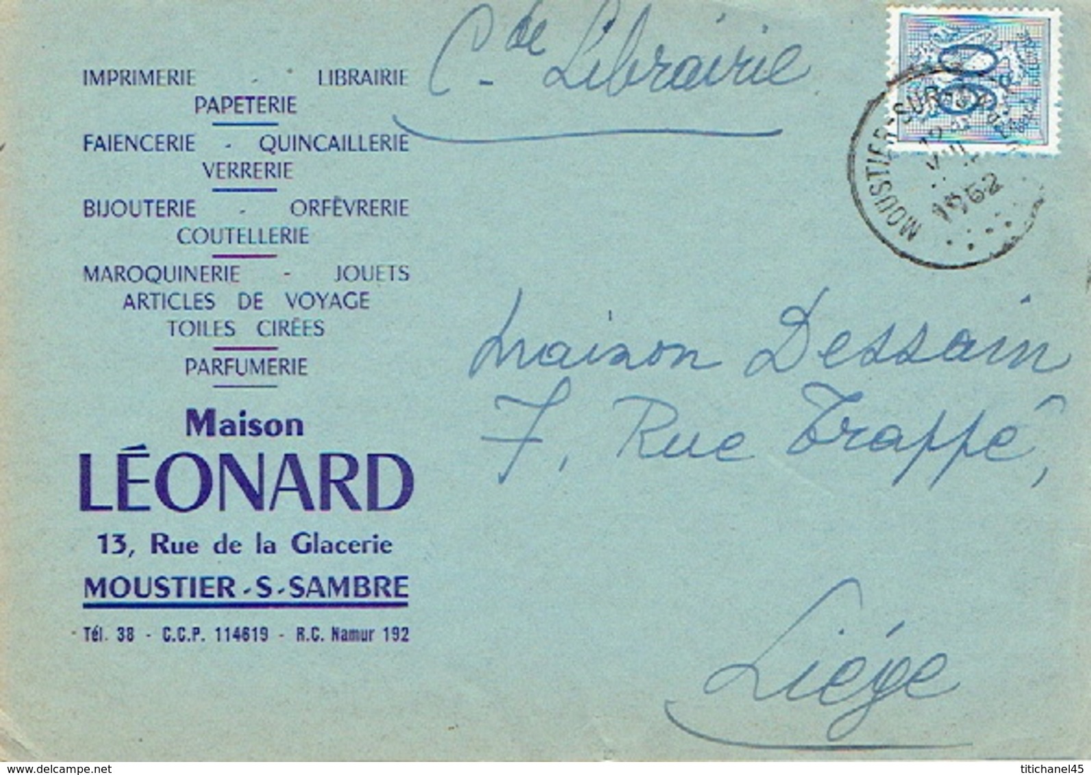 CP Publicitaire - MOUSTIER-SUR-SAMBRE 1952- Maison LEONARD - Imprimerie - Librairie - Papeterie - Jemeppe-sur-Sambre