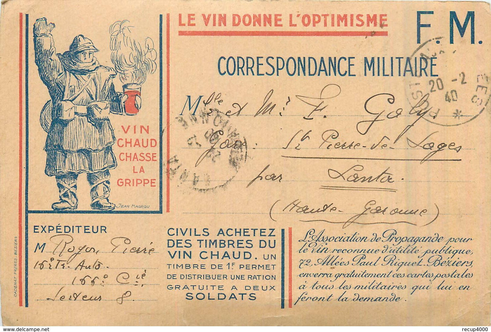 MILITARIA  Franchise Militaire  Le Vin Donne L'optimisme    2scans - Documents