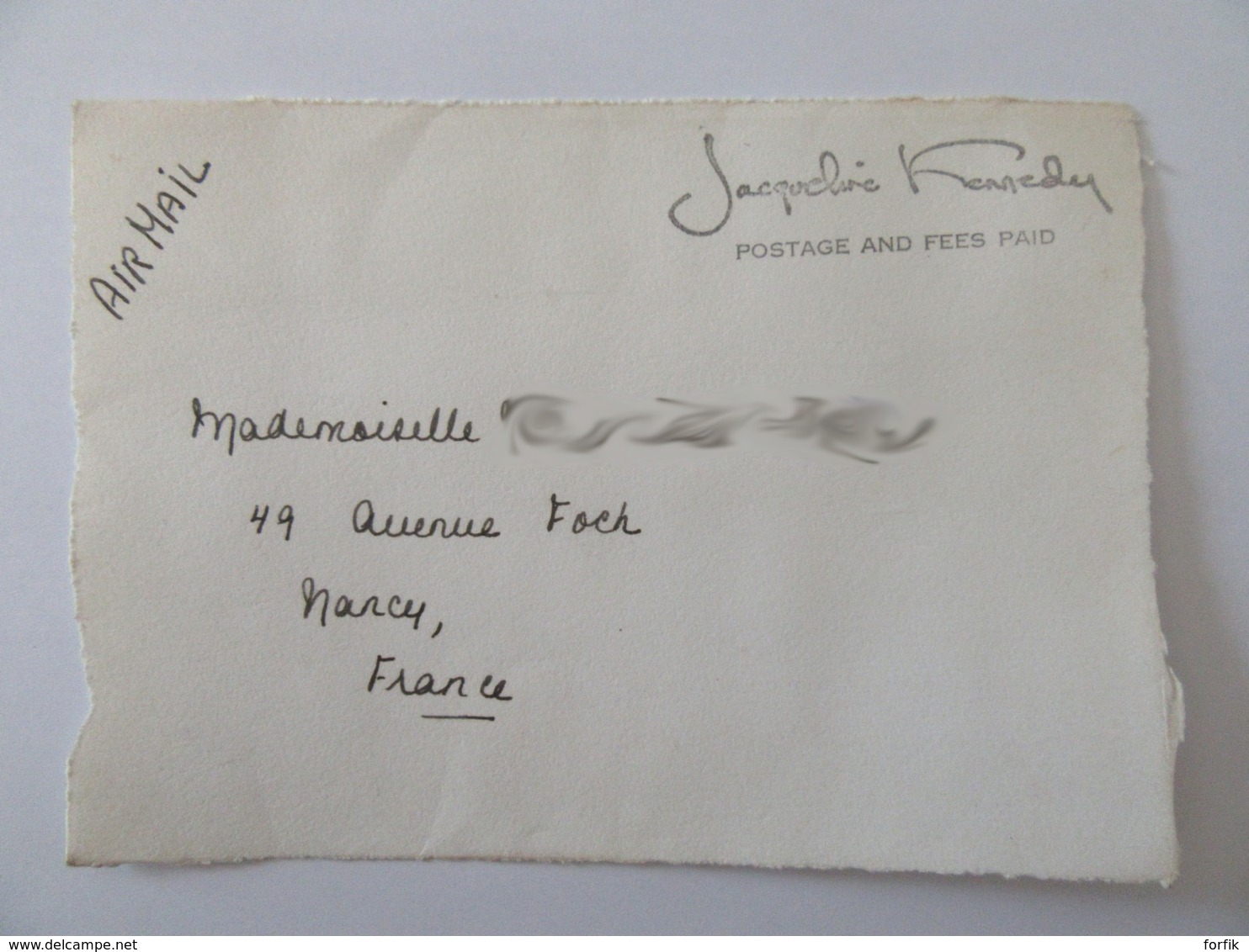 Façade D'enveloppe En Franchise USA Vers France "Jacqueline Kennedy" - Historical Documents