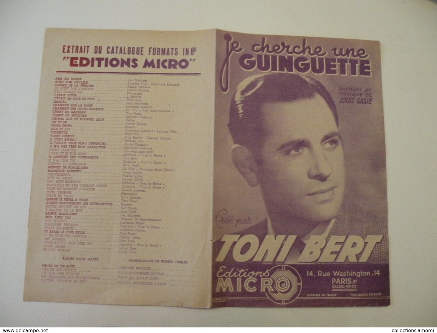 Je Cherche Une Guinguette (Toni Bert)-(musique Louis Gasté) (paroles Louis Gaté) (Partition)1945 - Chansonniers