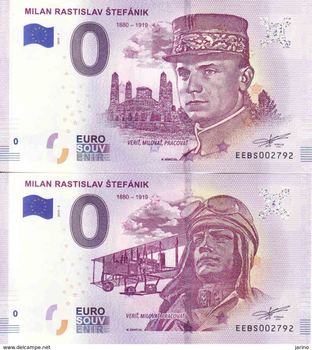 0 EURO Slovakia, Général Français Milan R. Štefánik, 4.May 2019 100ème Anniversaire De La Mort, 2 Mêmes/same Numéros - Essais Privés / Non-officiels