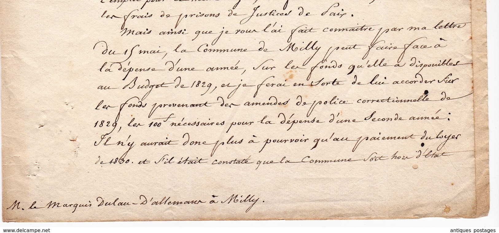 Lettre Versailles 1830 Préfecture Préfet Seine et Oise Marquis Lau d'Allemans Milly la Forêt