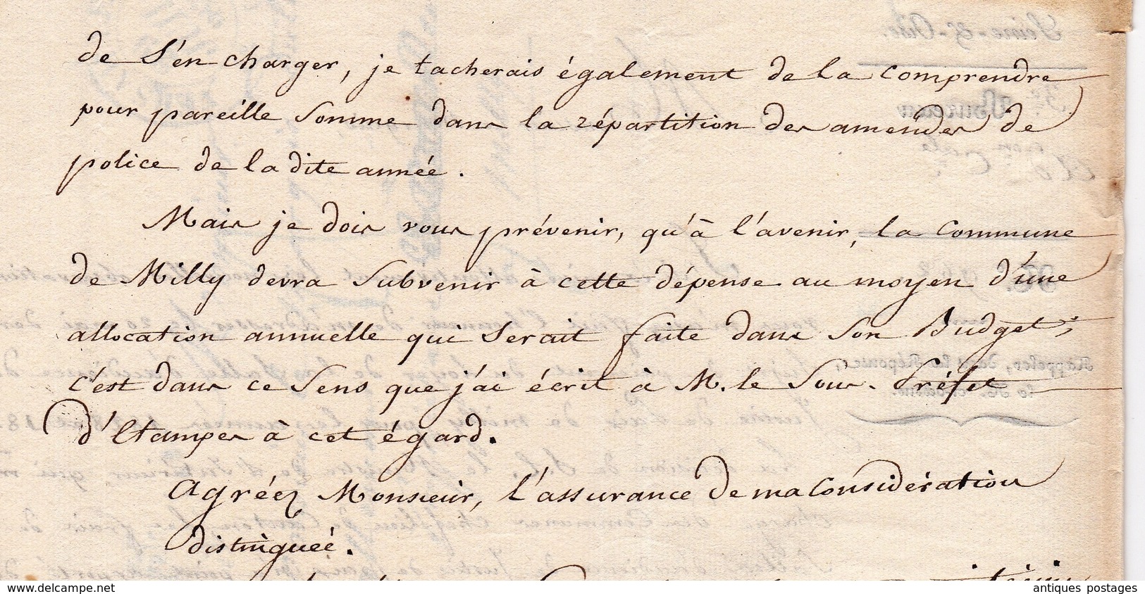 Lettre Versailles 1830 Préfecture Préfet Seine et Oise Marquis Lau d'Allemans Milly la Forêt