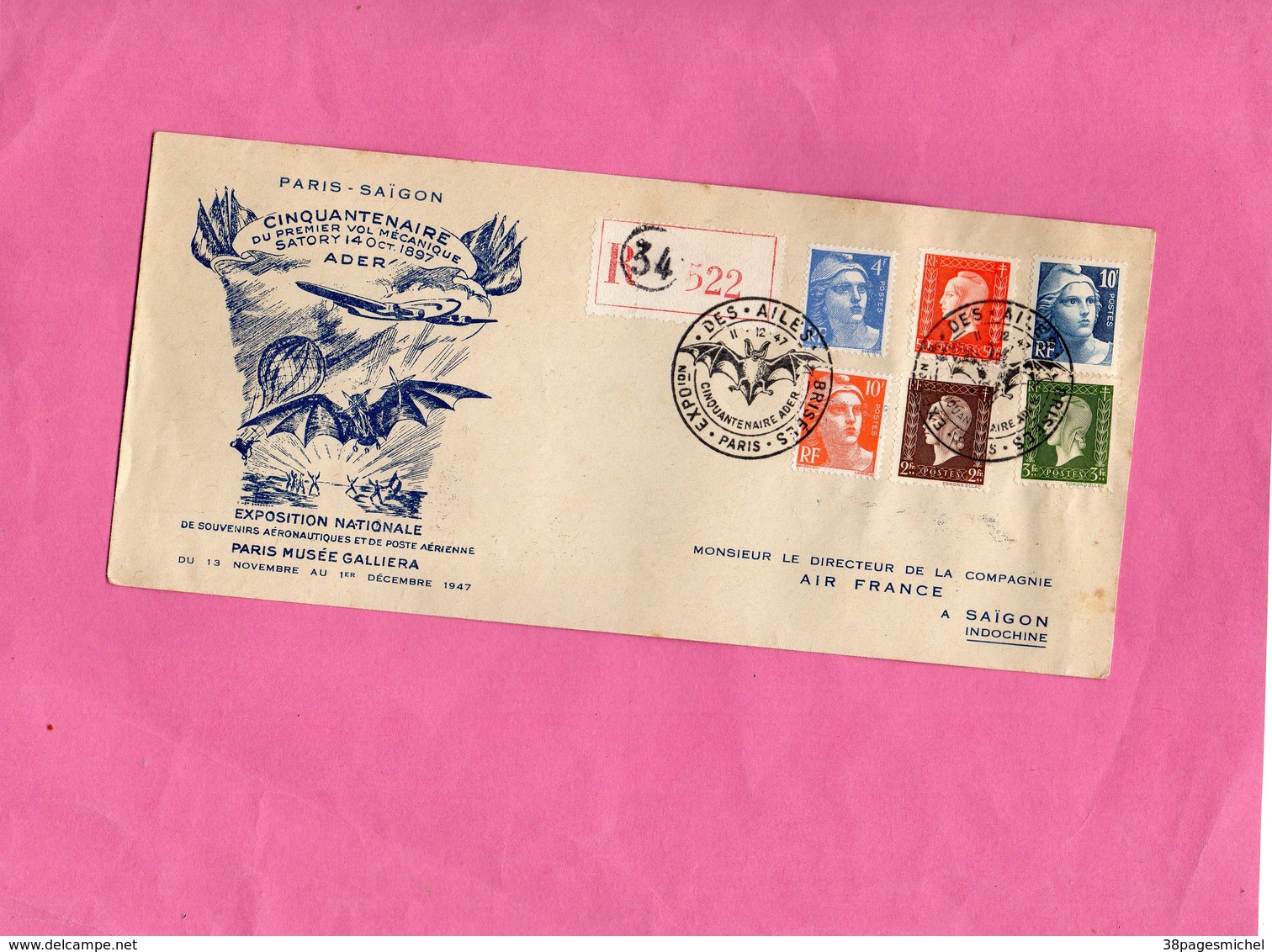 F0605 - Enveloppe Timbrée - PARIS - SAÏGON - Les Ailes Brisées - Cinquantenaire Du Premier Vol Mécanique SATORY 14 Oct - Other & Unclassified