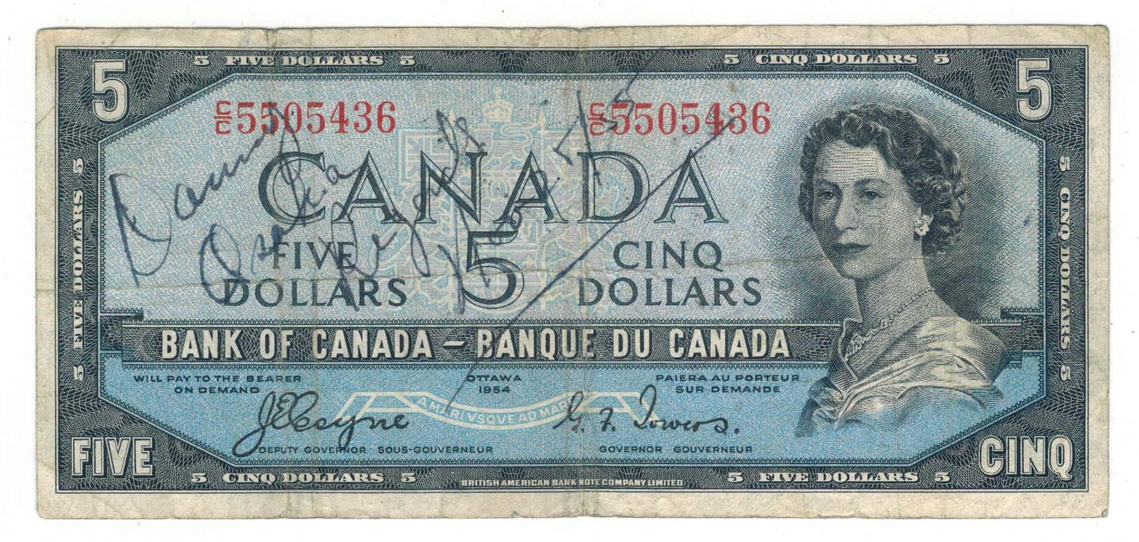 Canada 5 Dollars 1954, F/VF, Some Grafitti. See Image. - Canada