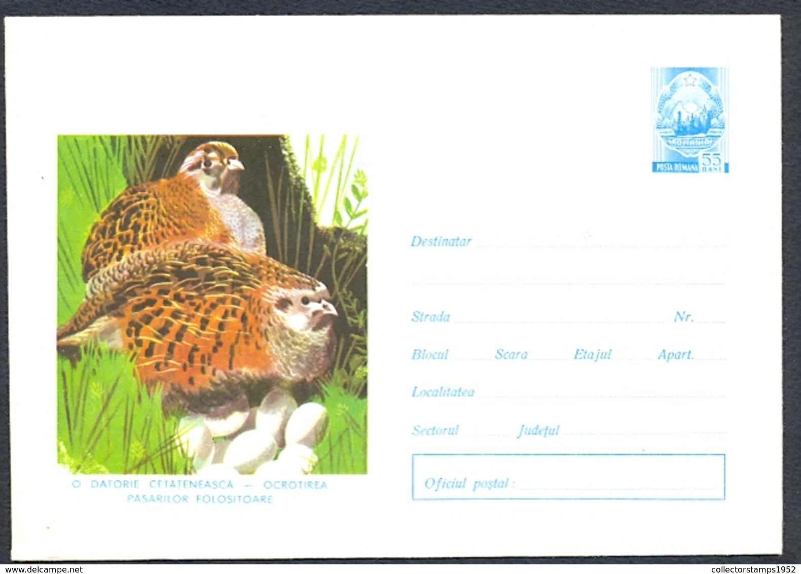 78721- GREY PARTRIDGE, BIRD, COVER STATIONERY, 1973, ROMANIA - Rebhühner & Wachteln