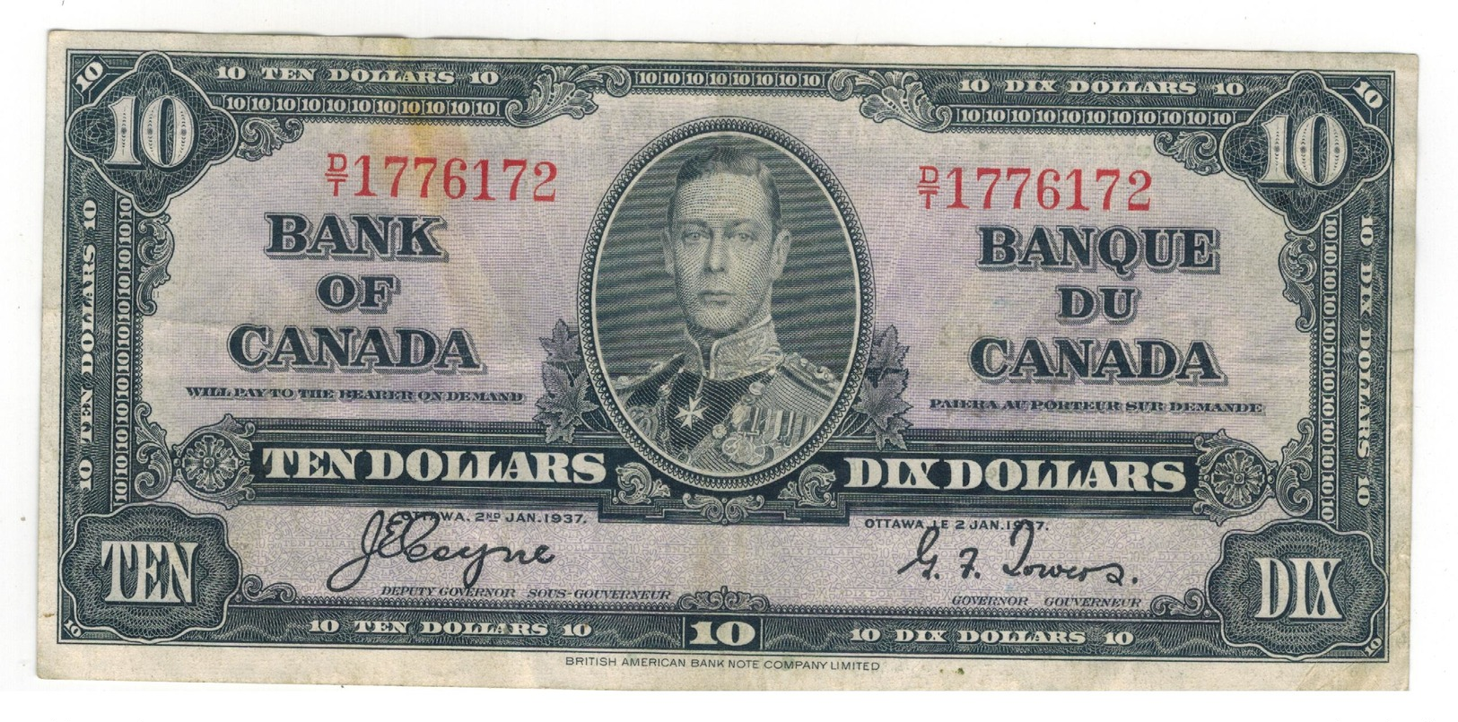 Canada 10 Dollars 1937, (Coyne - Towers) VF+. - Canada