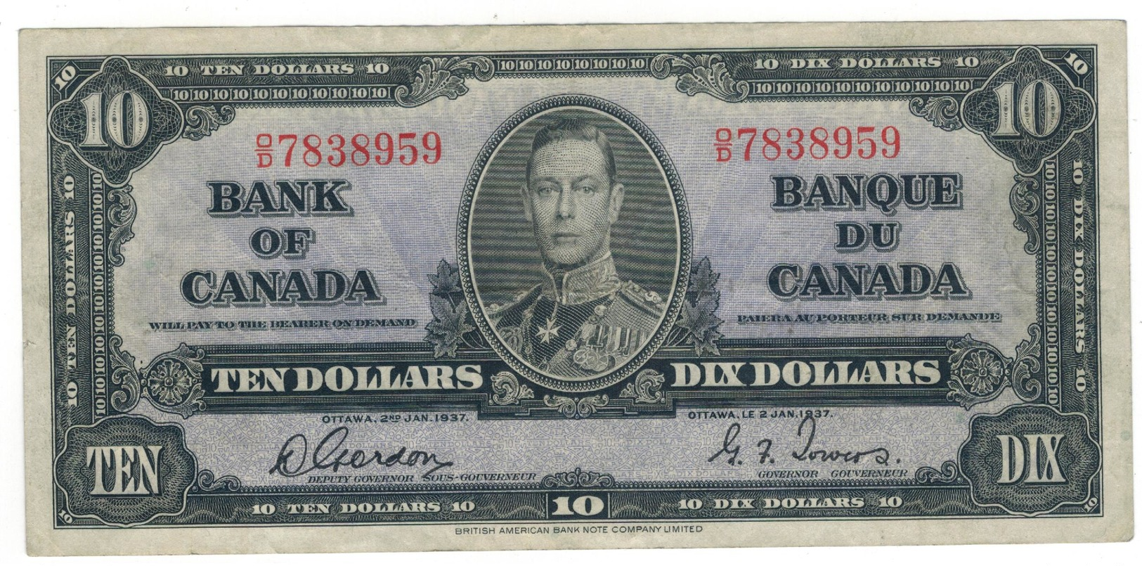 Canada 10 Dollars 1937, (Gordon - Towers) VF/XF. - Canada