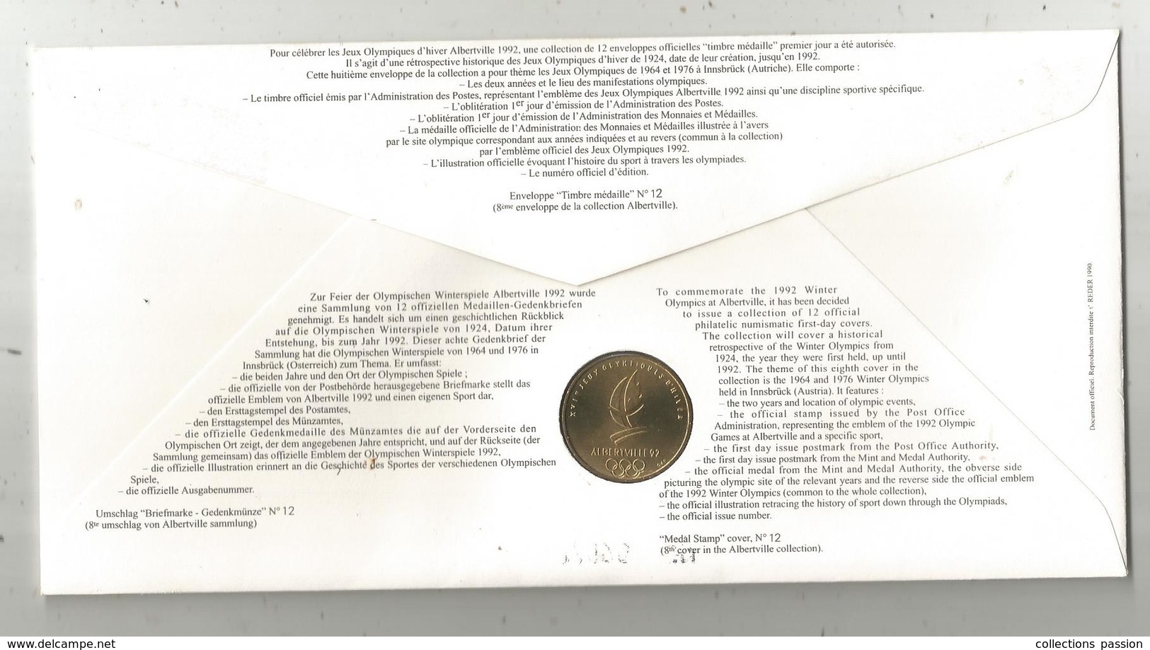 Enveloppe Officielle "timbre Médaille" Premier Jour,J.O. D'hiver ,1964 , 1976 , INNSBRUCK ,4 Scans,frais Fr : 1.95 E - Professionnels / De Société