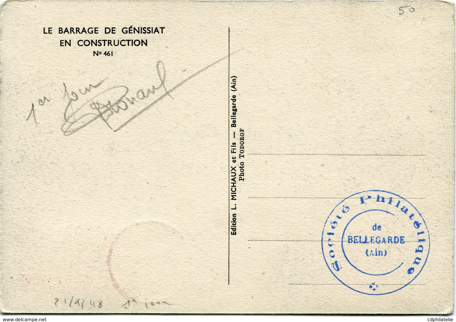 FRANCE CARTE MAXIMUM DU N°817 BARRAGE DE GENISSIAT - AIN OBLITERATION INJOUX-GENISSIAT 21-9-1948 AIN - 1940-1949