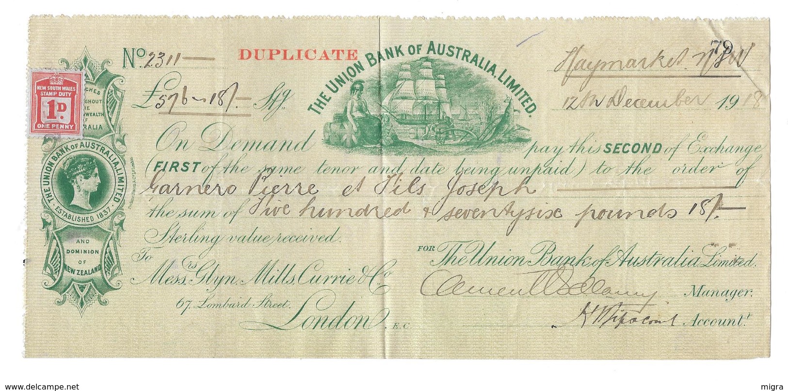 THE UNION BANK OF AUSTRALIA LIMITED AND NEW ZEALAND  - DUPLICATE - 1918 - NEW SOUTH WALES STAMP DUTY 1D ONE PENNY RED - Assegni & Assegni Di Viaggio