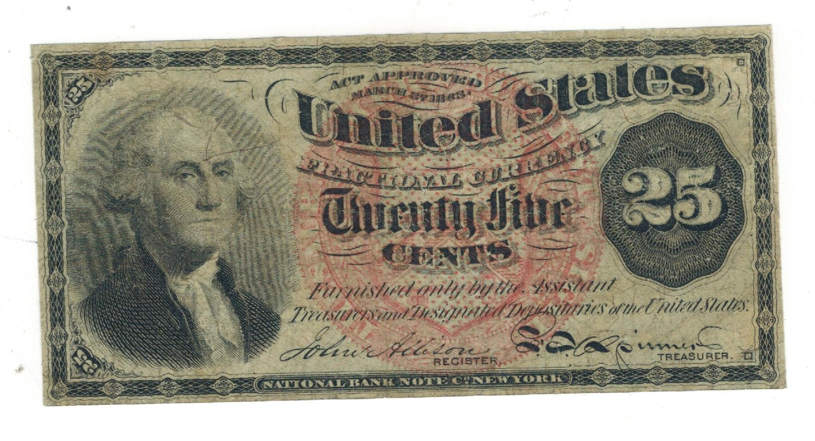 U.S.A. Fract. Currency, 25 Cents , VF+. - 1863 : 4° Issue