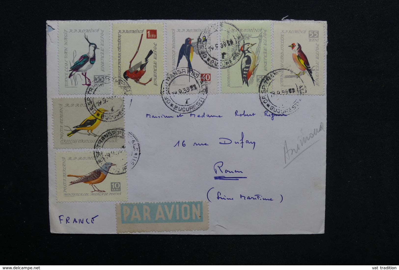 ROUMANIE - Enveloppe De Bucarest Pour La France En 1959 , Affranchissement Série Oiseaux - L 28903 - Lettres & Documents