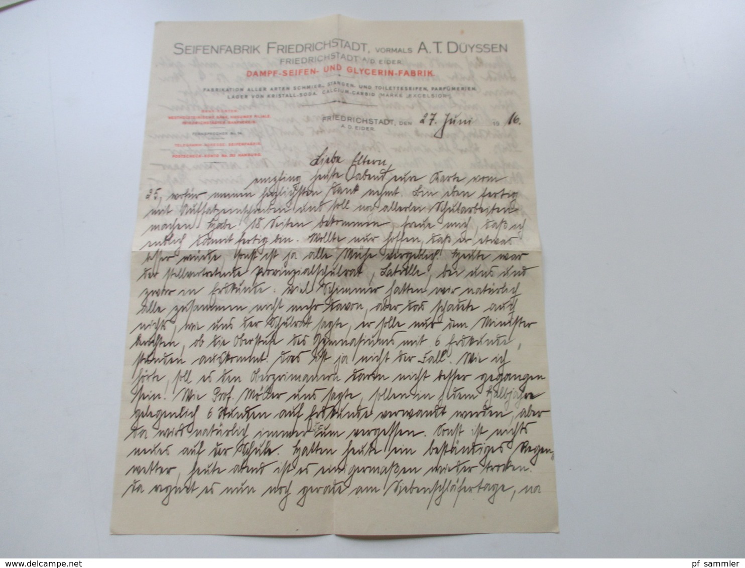 Rechnung / Firmenbrief 1916 Seifenfabrik Friedrichstadt, Vormals A.T. Düyssen Glycerin Fabrik Und Dampf-Seifen - 1900 – 1949