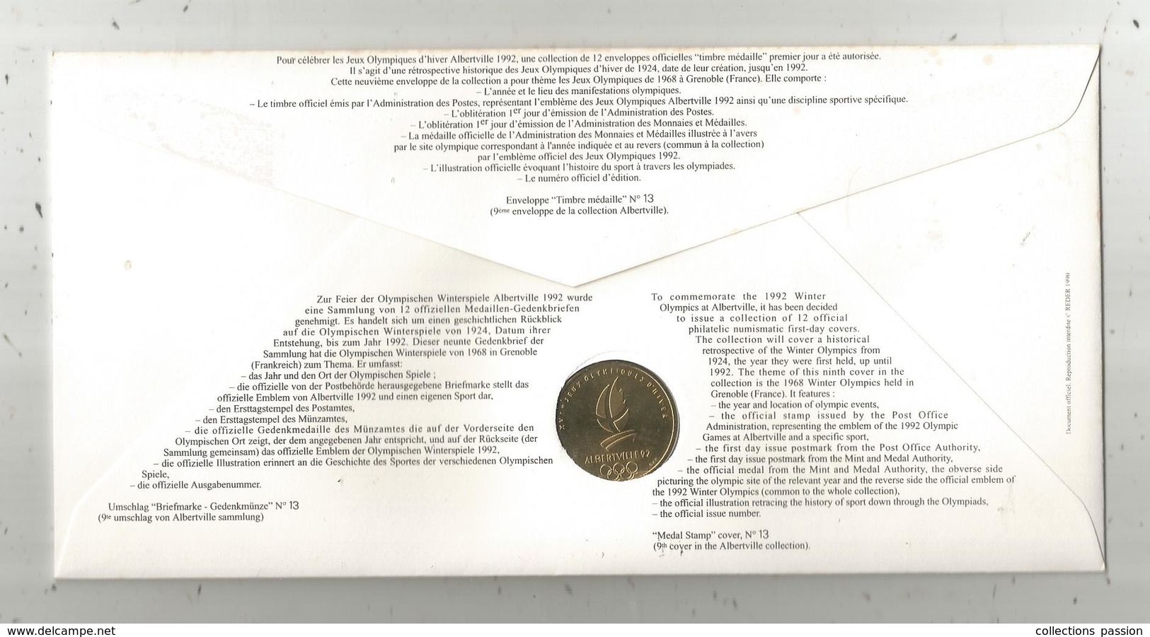 Enveloppe Officielle "timbre Médaille" Premier Jour,J.O. D'hiver ,1968, GRENOBLE ,4 Scans,frais Fr : 1.95 E - Professionnels / De Société