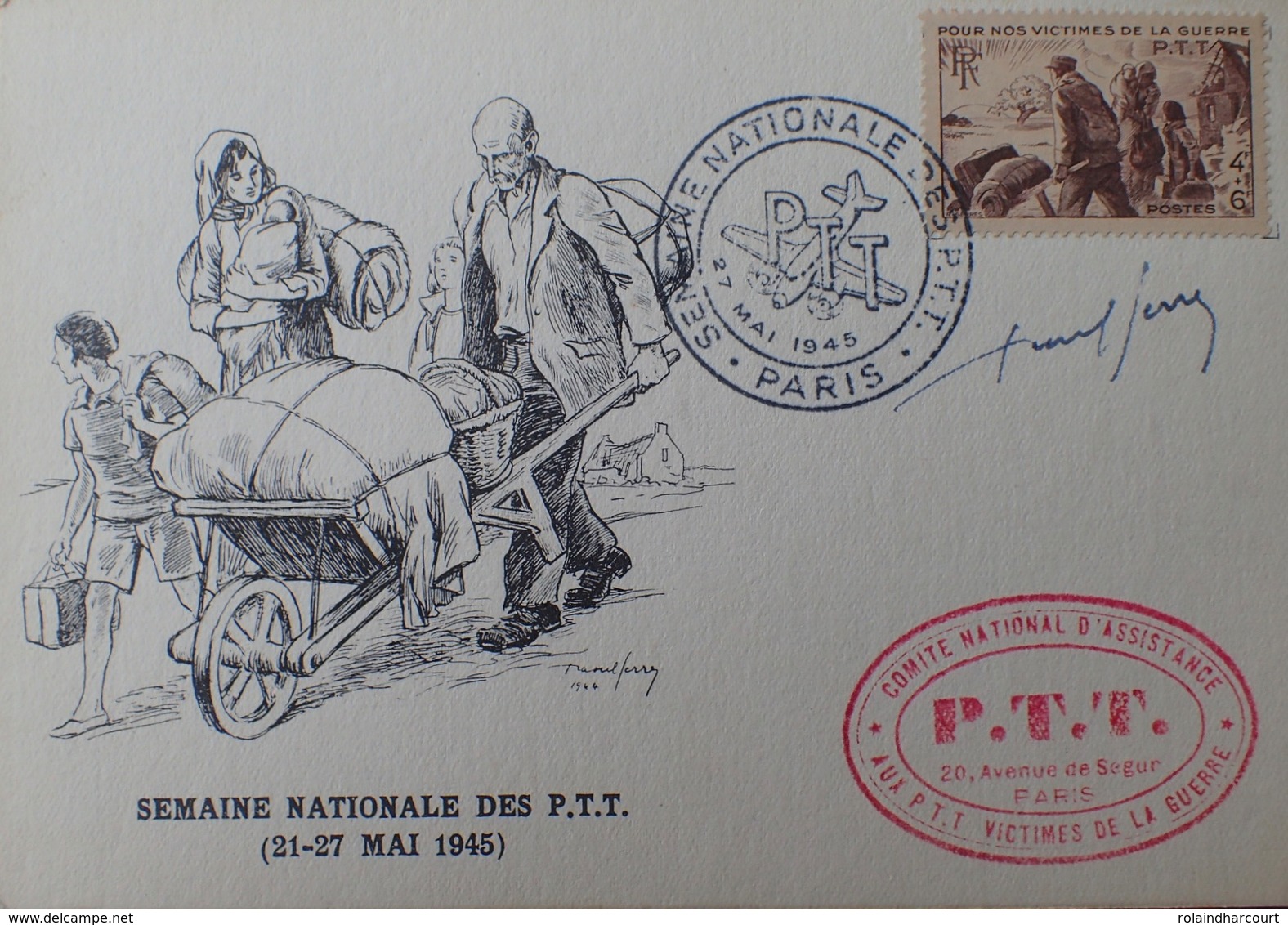 R1949/624 - 1945 - SEMAINE NATIONALE DES PTT - N°737 Sur Carton / Cachets Officiels + Signature De L'artiste - Lettres & Documents