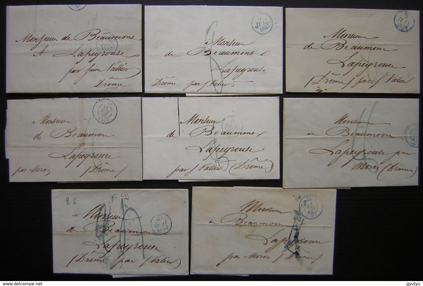 Lot De 8 Lettres De Paris, Petit Cachet Bleu Entre 1837 Et 1841à Mr De Beaumont à Lapeyrouse Par Saint Vallier Ou Moras - 1801-1848: Précurseurs XIX