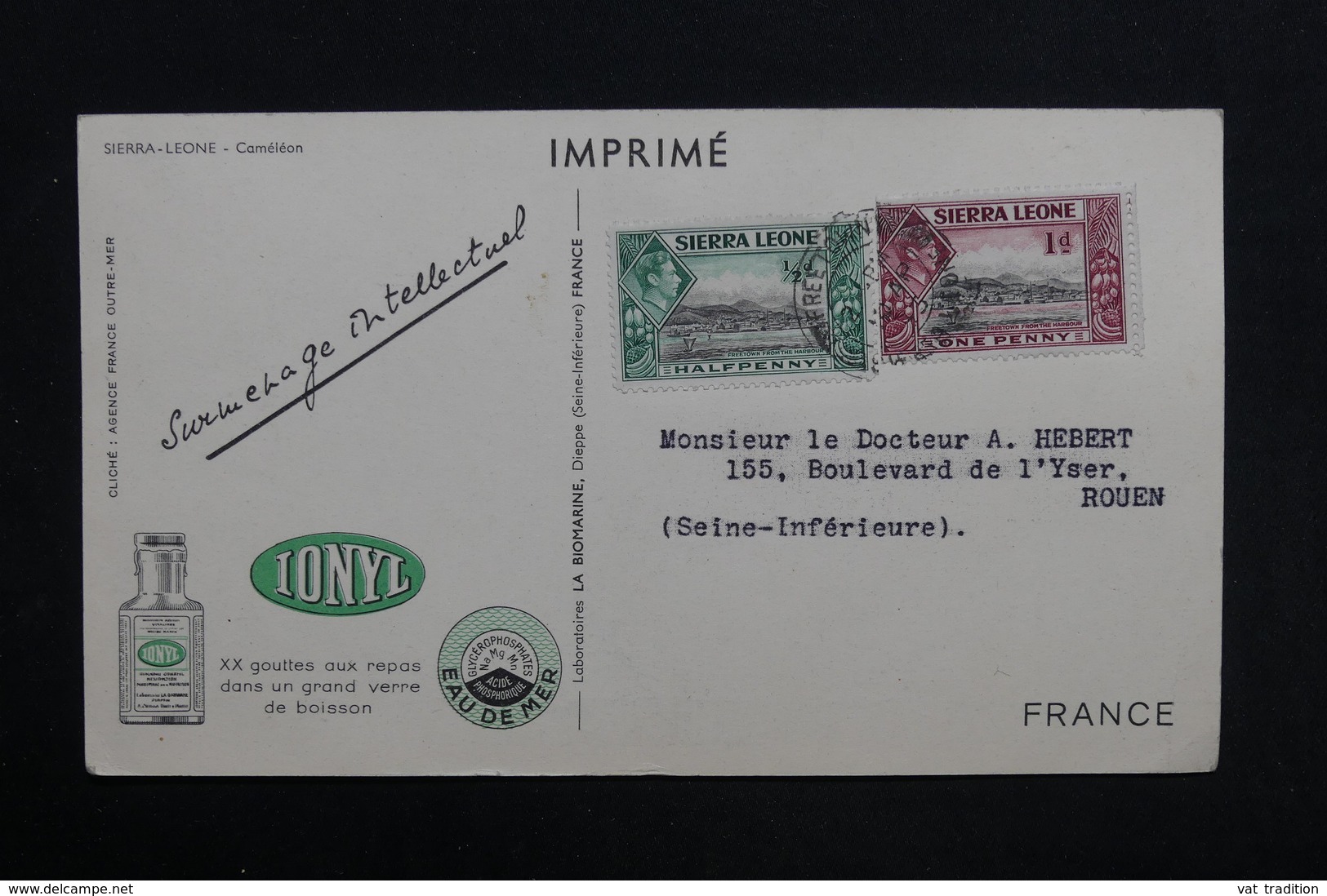 SIERRA LEONE - Carte Commerciale Médicale ( Biomarine De Dieppe ) Pour Rouen En 1955 - L 28915 - Sierra Leone (...-1960)