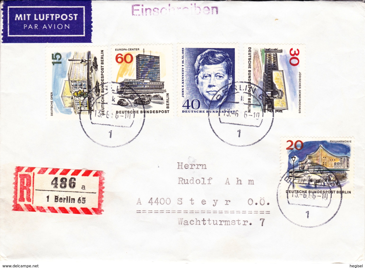 1964/65, BRD / Berlin, Das Neue Berlin +Jahrestag Ermordung J. F. Kennedy, Luftpost, REC, Echt Gelaufen - Berlin - Steyr - Airmail