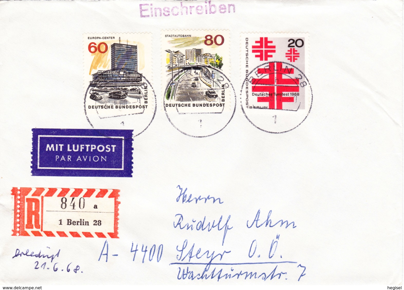 1965/68, "Das Neue Berlin" (2 Werte) + "Deutsches Turnfest Berlin",  Luftpost, REC, Echt Gelaufen (West Berlin - Steyt) - Luchtpost