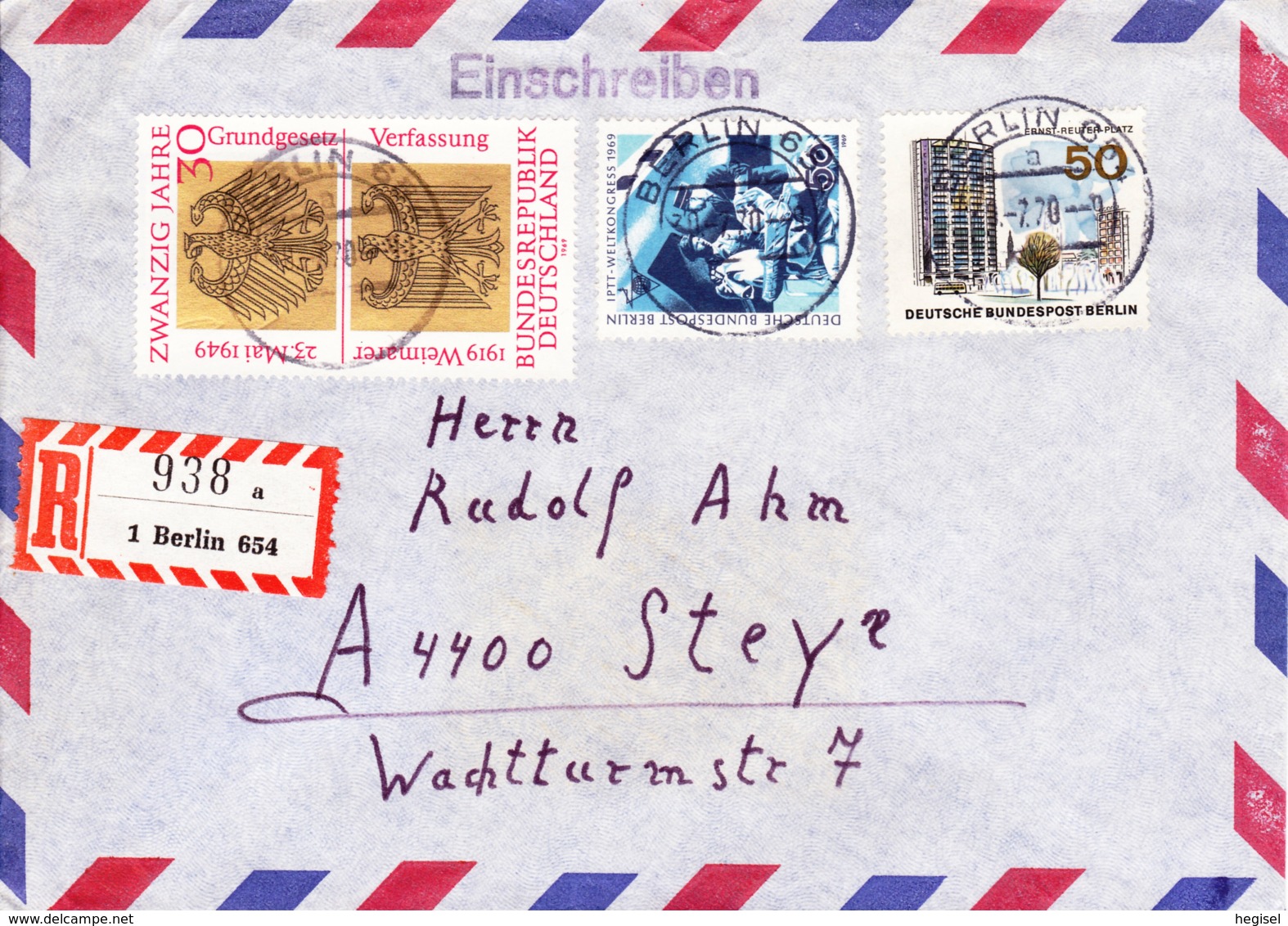 1969/70, BRD/West - Berlin, 20 Jahre Bundesrepublik Deutschland + IPTT - Weltkongress, Luftpost, REC, Echt Gelaufen - Airmail