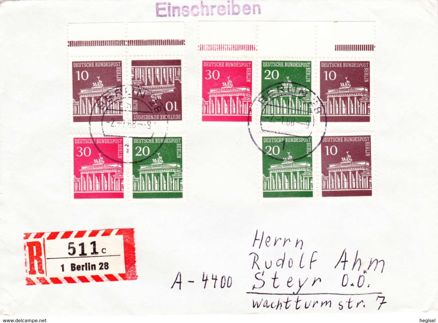 1966, BRD/ West - Berlin, "Brandenburger Tor", 3 Verschiedene Waagrechte Paare + 3er Streifen, REC, Echt Gelaufen - Privatumschläge - Gebraucht