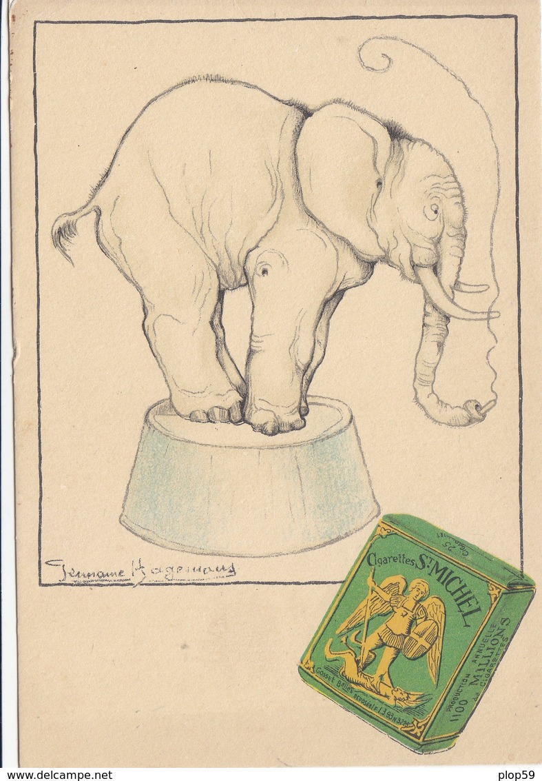 CARTE PUB PUBLICITE CIGARETTES SAINT ST MICHEL ADVERTISING CARD ILLUSTRATEUR GERMAINE HAGEMANS ELEPHANT QUI FUME - Publicité