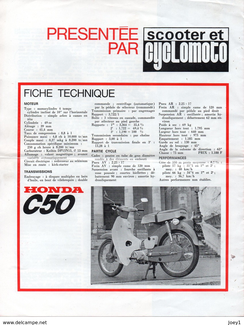 1 Dépliant Moto Revue Concernant Le Vélomoteur Honda C50 Format A4 - Motor Bikes