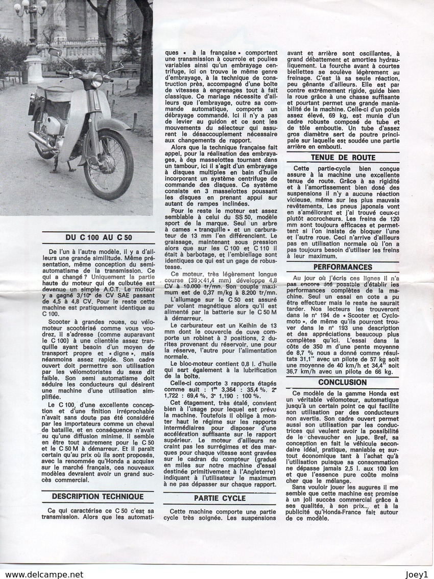 1 Dépliant Moto Revue Concernant Le Vélomoteur Honda C50 Format A4 - Motor Bikes