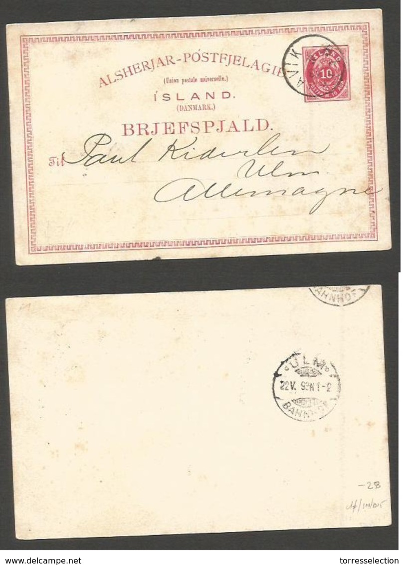 ICELAND. 1893 (13 May). Reikjavik - Germany (22 May). 10 Aur Red Stat Card Cds Arrival Cds. Proper Circulation. - Autres & Non Classés