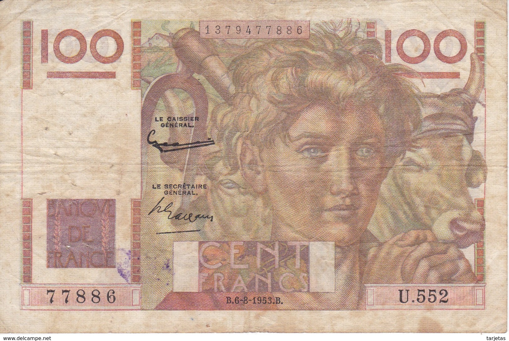 BILLETE DE FRANCIA DE 100 FRANCOS DEL 6-8-1953   (BANKNOTE) JEUNE PAYSAN - 100 F 1945-1954 ''Jeune Paysan''