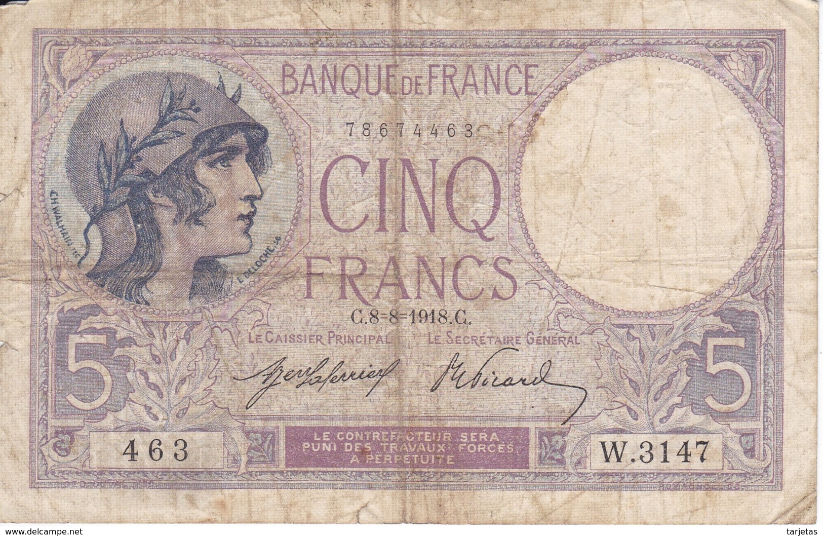 BILLETE DE FRANCIA DE 5 FRANCS DEL 8-8-1918 VIOLET  (BANKNOTE) - 5 F 1917-1940 ''Violet''